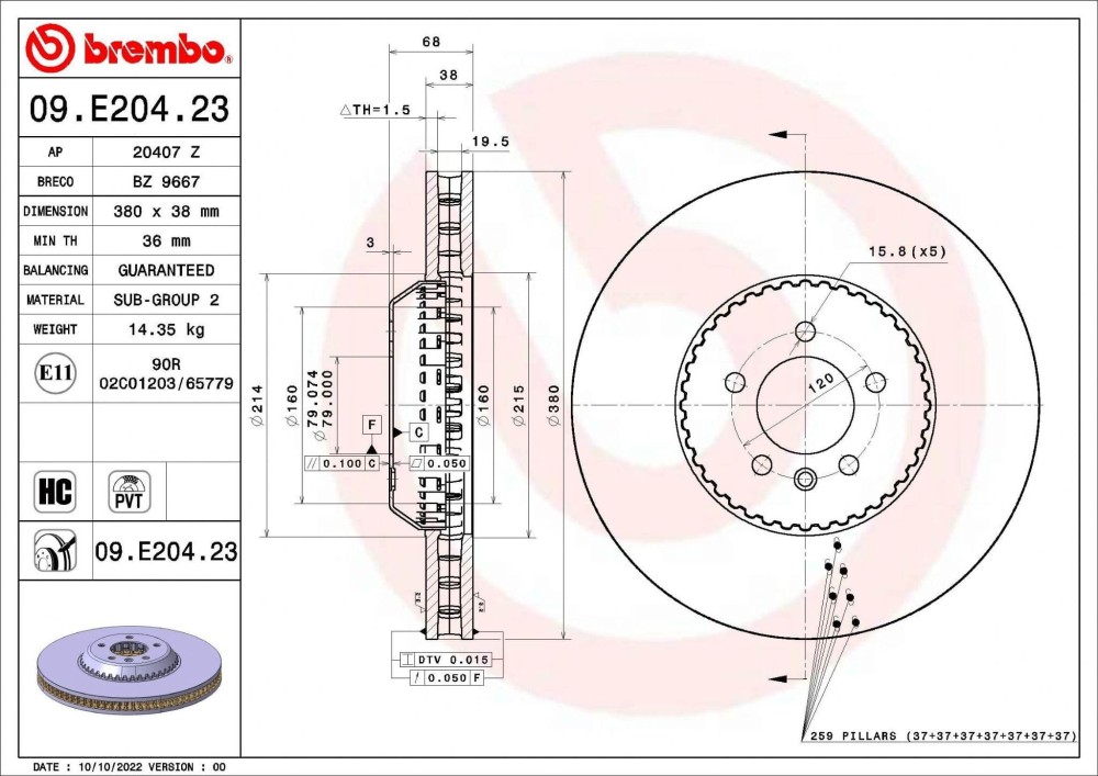 LR153518 OE Brembo Front 380mm Brake Disc (one) L460 & L461